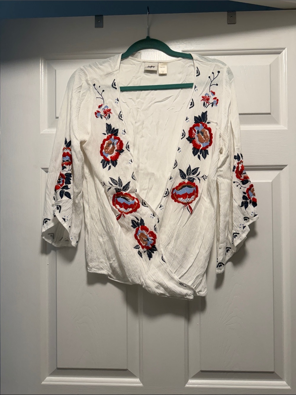 Daytrip White Wrap Blouse with Red & Navy Floral Embroidery